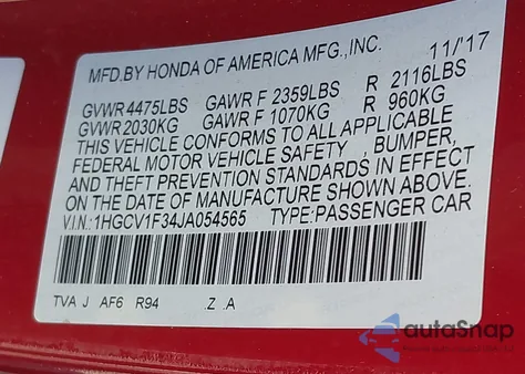 2018 Honda Accord Sport из США, поврежденный, VIN 1HGCV1F34JA054565